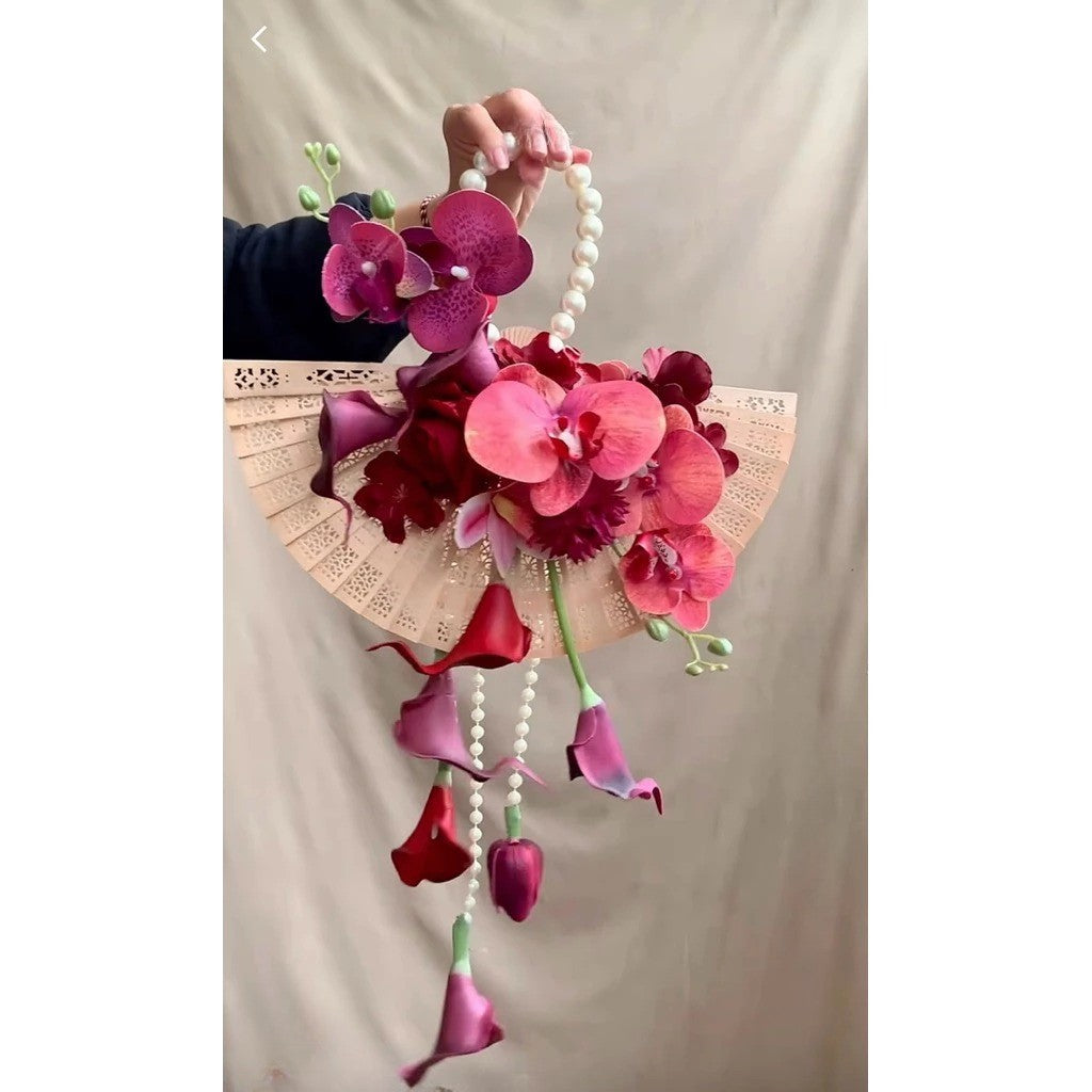 Luxury Oriental Folding Fan Bridal Bouquet | Modern Handmade Silk Orchid & Calla Lily Wedding Fan Flower with Pearl Strands