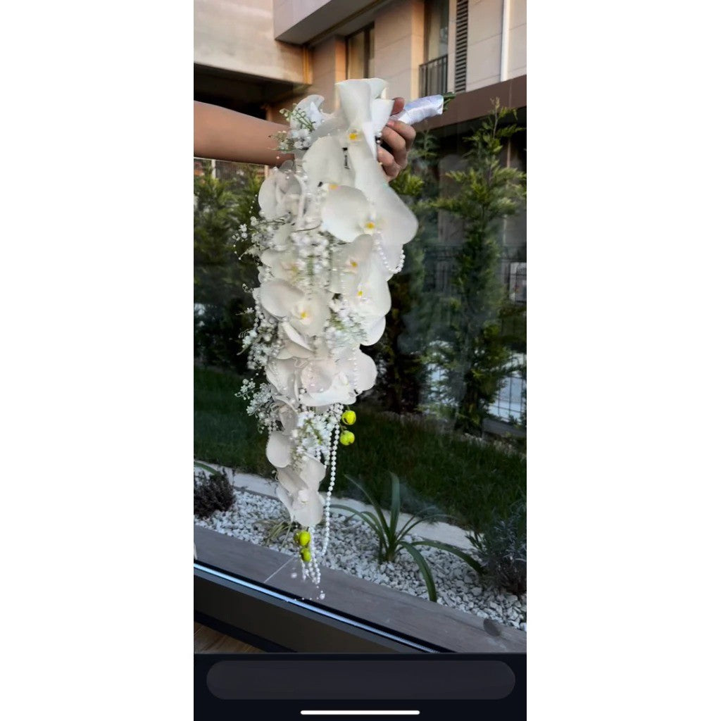 Queen of England Pure White Cascading Bridal Bouquet | Luxury Handmade Silk Phalaenopsis Orchid & Baby's Breath Waterfall Wedding Flowers