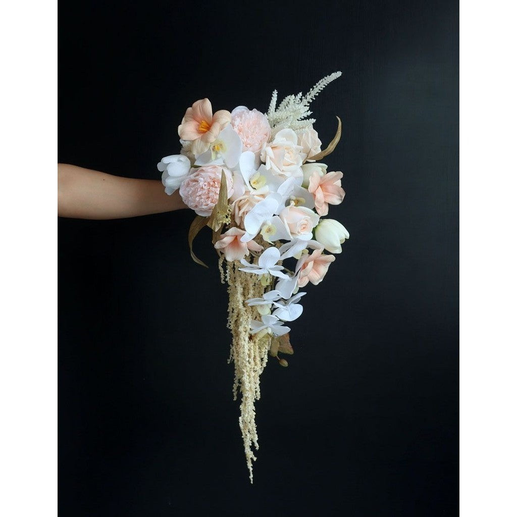 Luxury White & Blush Pink Cascading Bridal Bouquet | Premium Silk Rose & Orchid Waterfall Wedding Flower for Brides