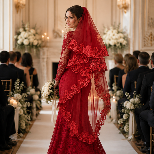 Vintage Crimson Red Floral Lace Bridal Veil