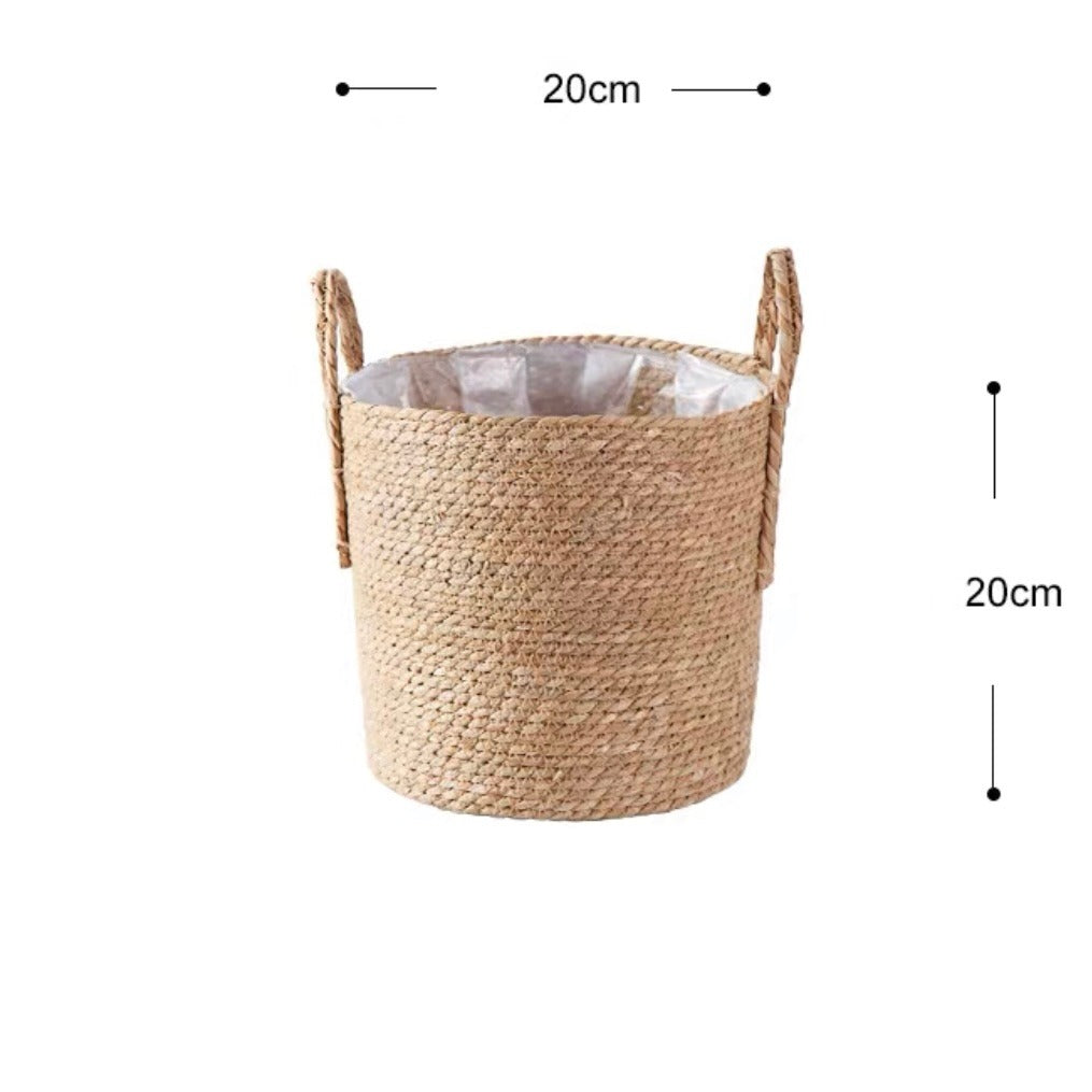 Handcrafted Water Hyacinth Woven Planter Basket with Handles & Waterproof Liner