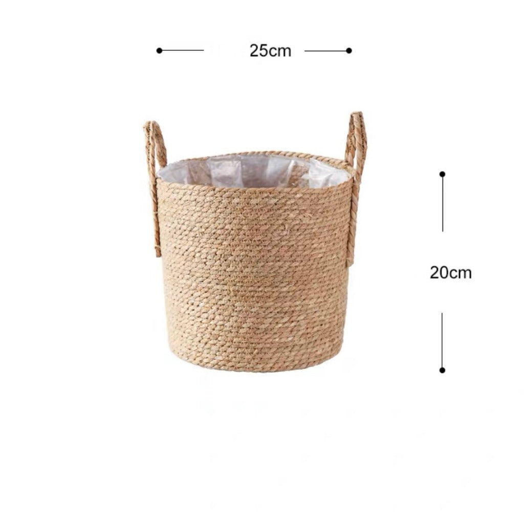 Handcrafted Water Hyacinth Woven Planter Basket with Handles & Waterproof Liner