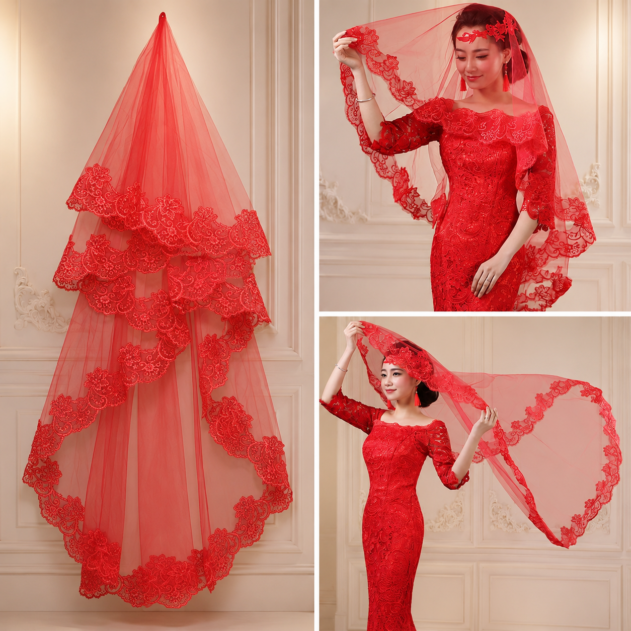 Vintage Crimson Red Floral Lace Bridal Veil