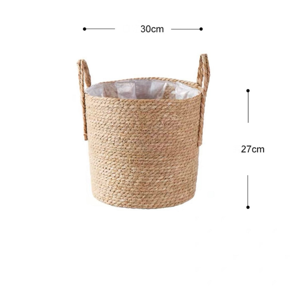 Handcrafted Water Hyacinth Woven Planter Basket with Handles & Waterproof Liner