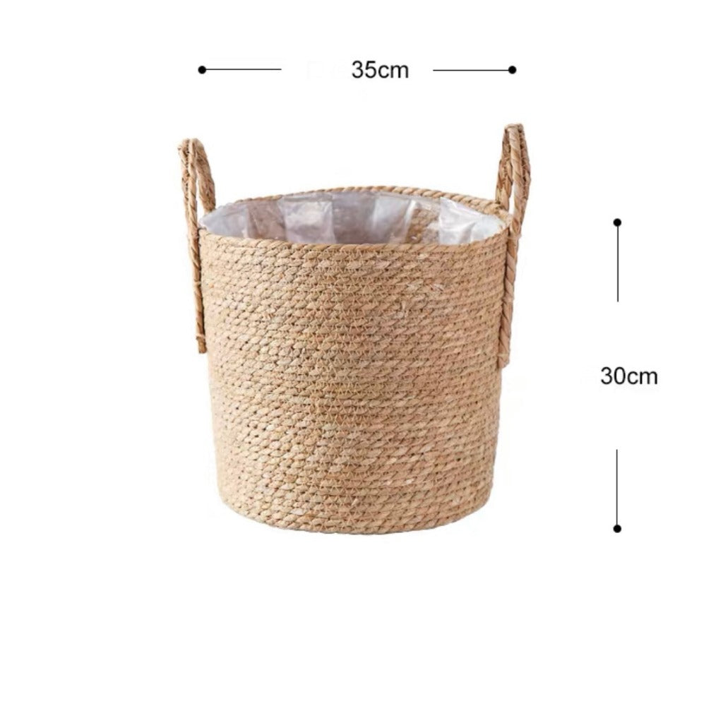 Handcrafted Water Hyacinth Woven Planter Basket with Handles & Waterproof Liner