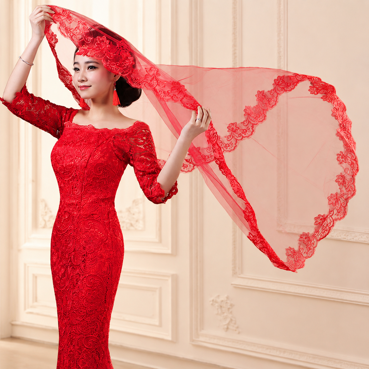 Vintage Crimson Red Floral Lace Bridal Veil