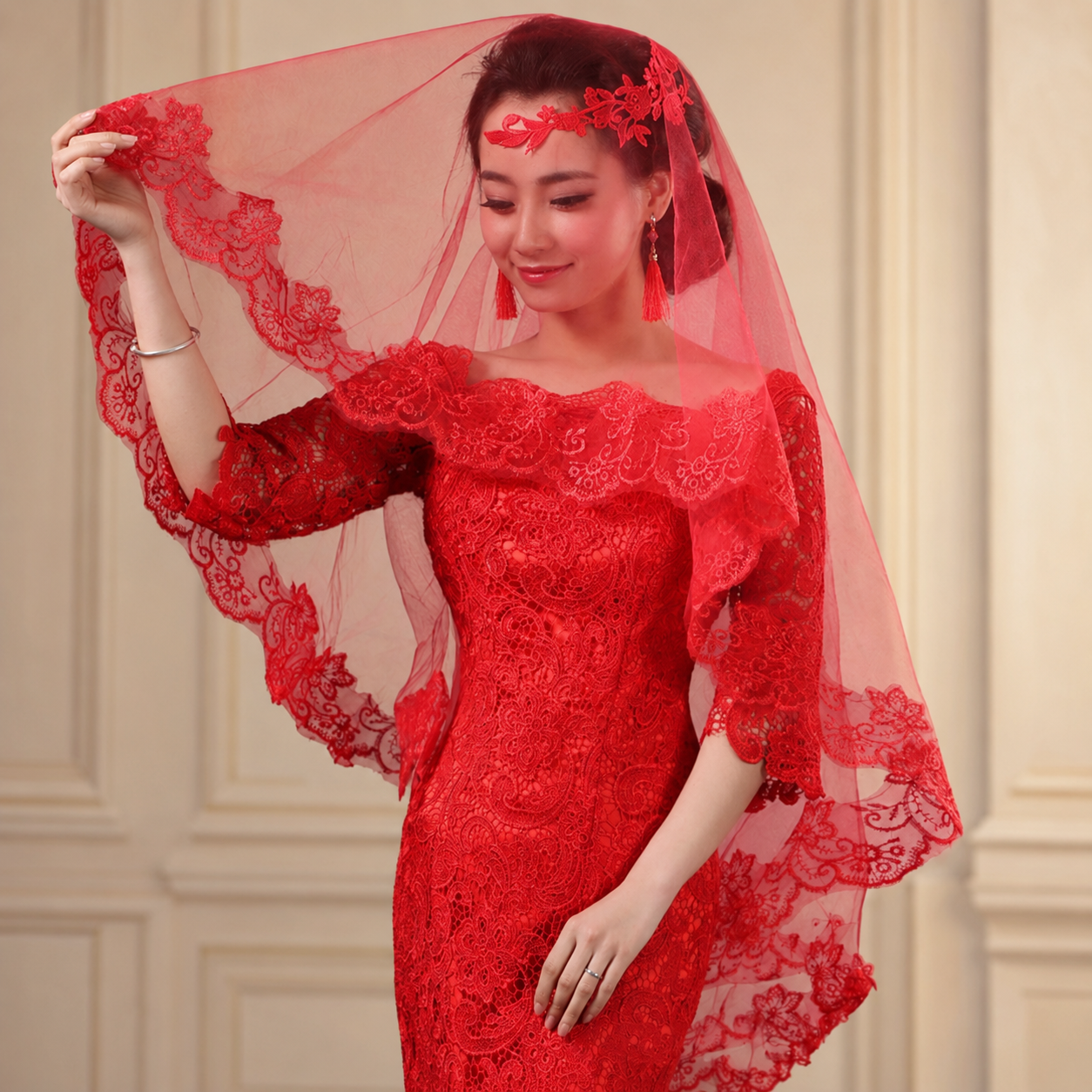 Vintage Crimson Red Floral Lace Bridal Veil