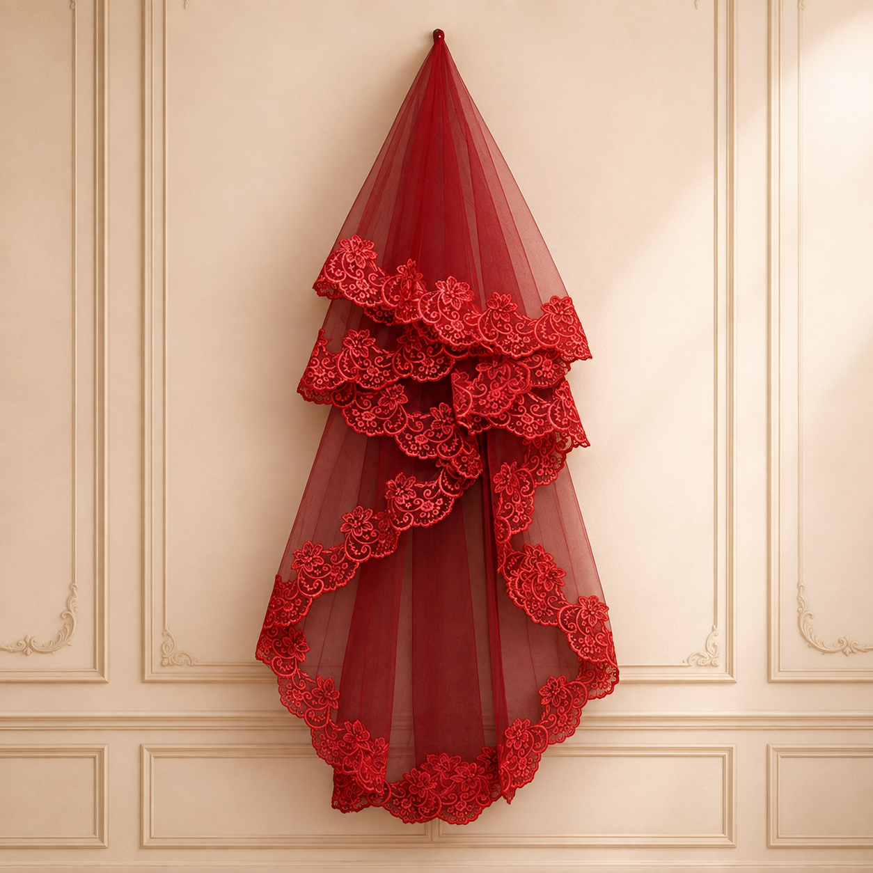 Vintage Crimson Red Floral Lace Bridal Veil