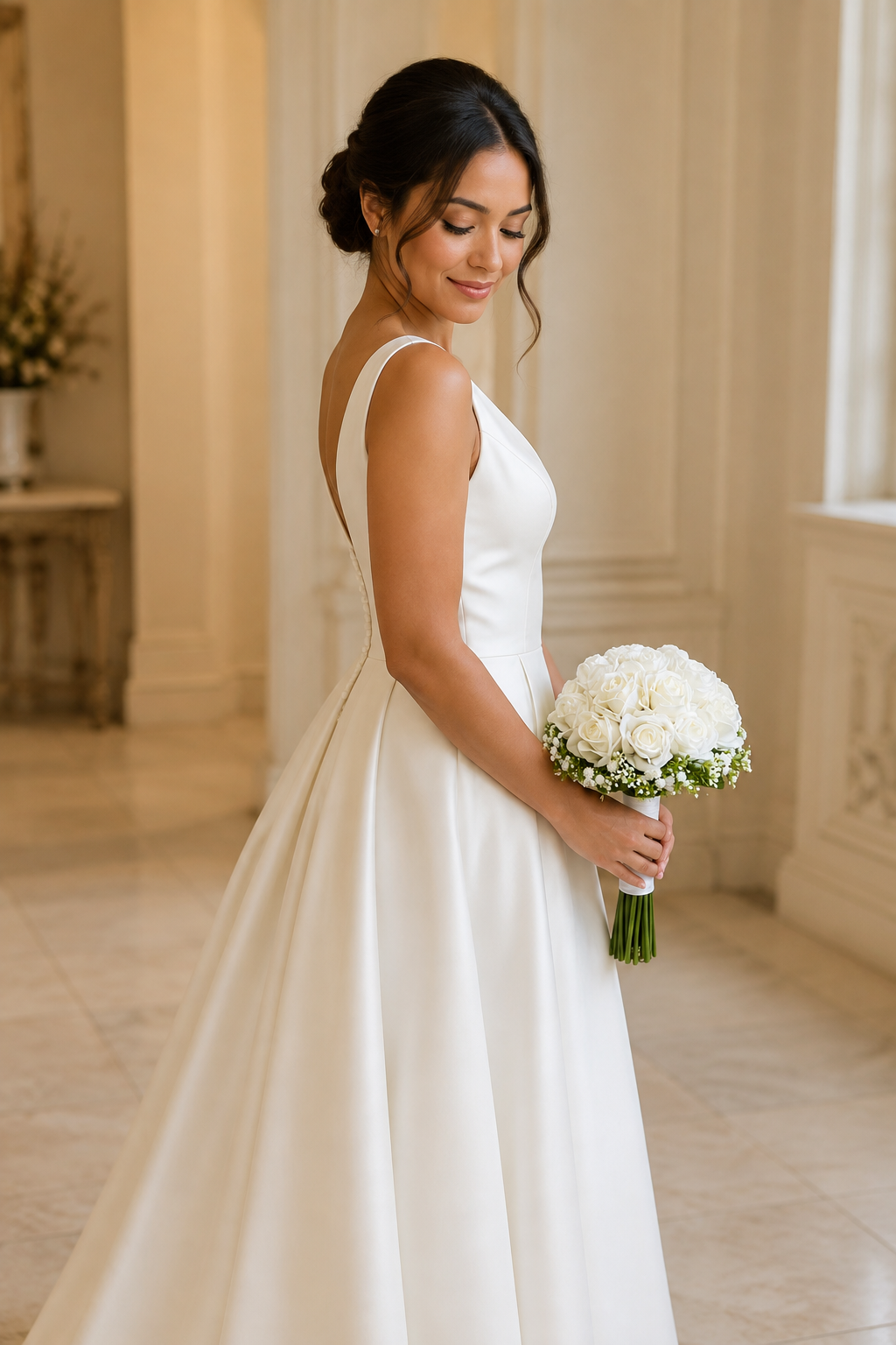 Handcrafted White Soap Rose & Green Baby's Breath Bridal Bouquet