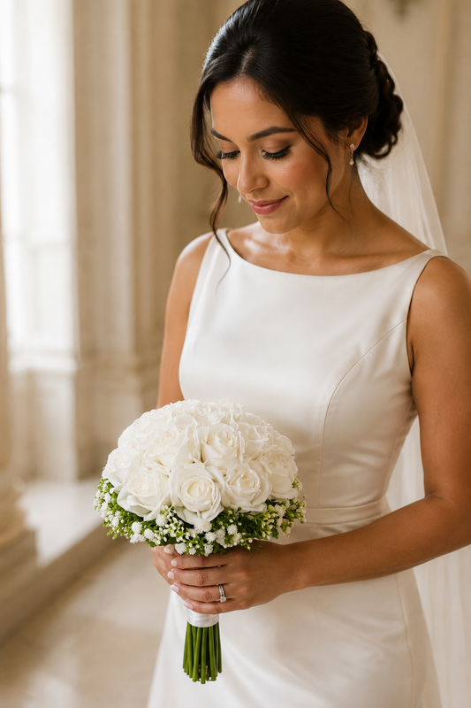 Handcrafted White Soap Rose & Green Baby's Breath Bridal Bouquet