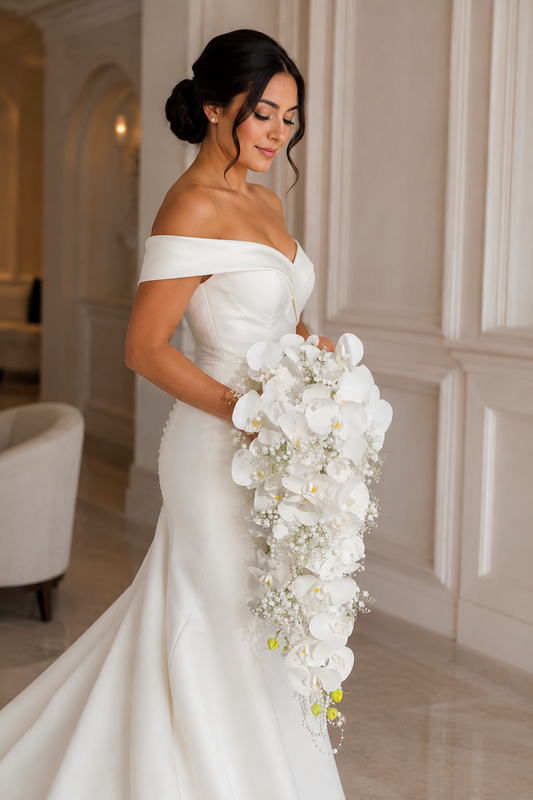 Queen of England Pure White Cascading Bridal Bouquet | Luxury Handmade Silk Phalaenopsis Orchid & Baby's Breath Waterfall Wedding Flowers
