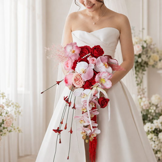 Handcrafted Red & Blush Cascading Bridal Bouquet