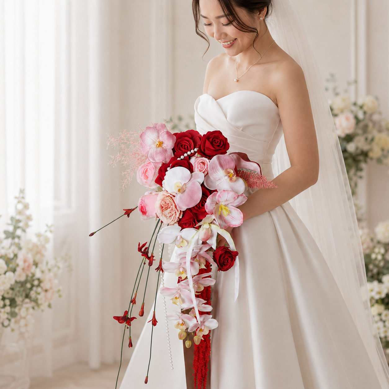 Handcrafted Red & Blush Cascading Bridal Bouquet