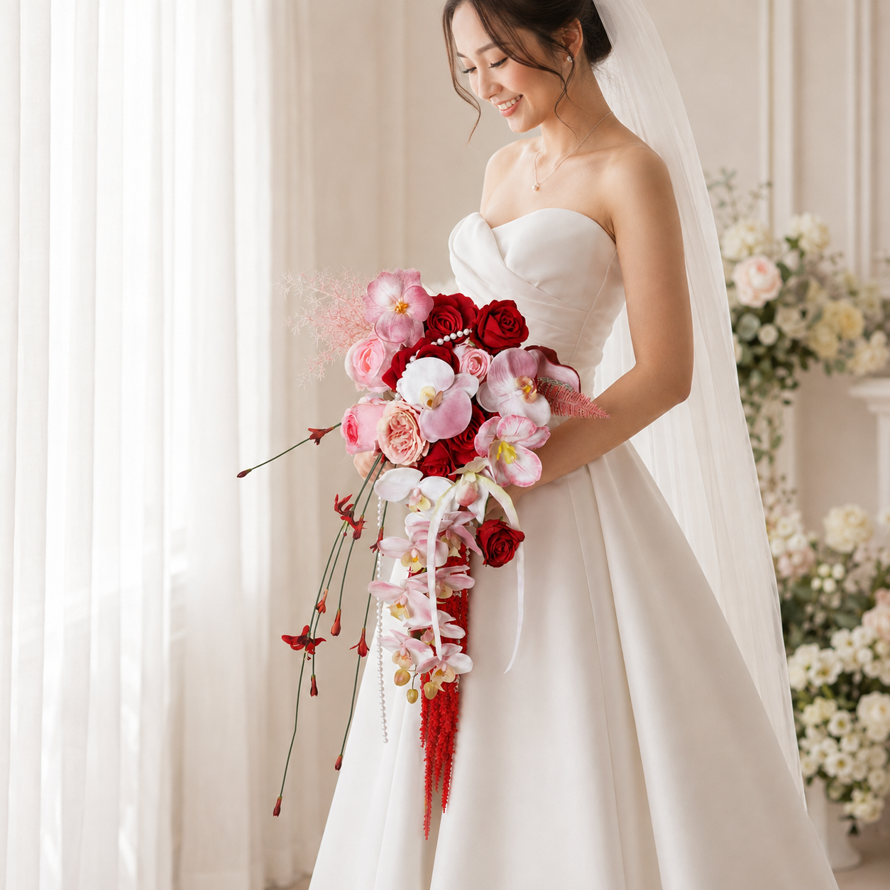 Handcrafted Red & Blush Cascading Bridal Bouquet