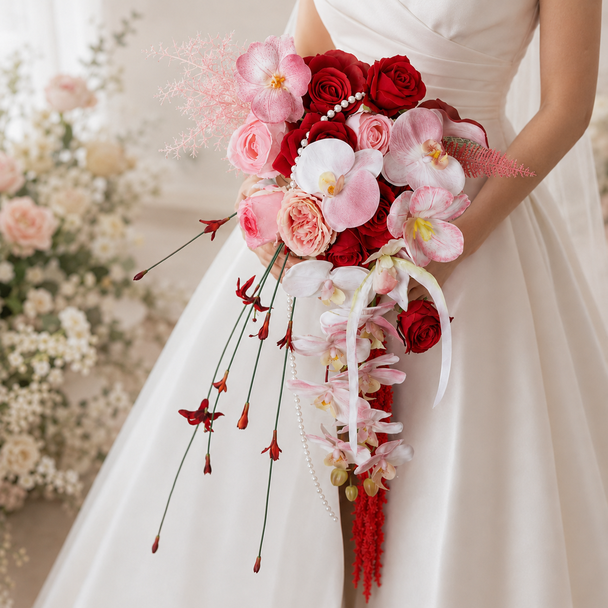 Handcrafted Red & Blush Cascading Bridal Bouquet