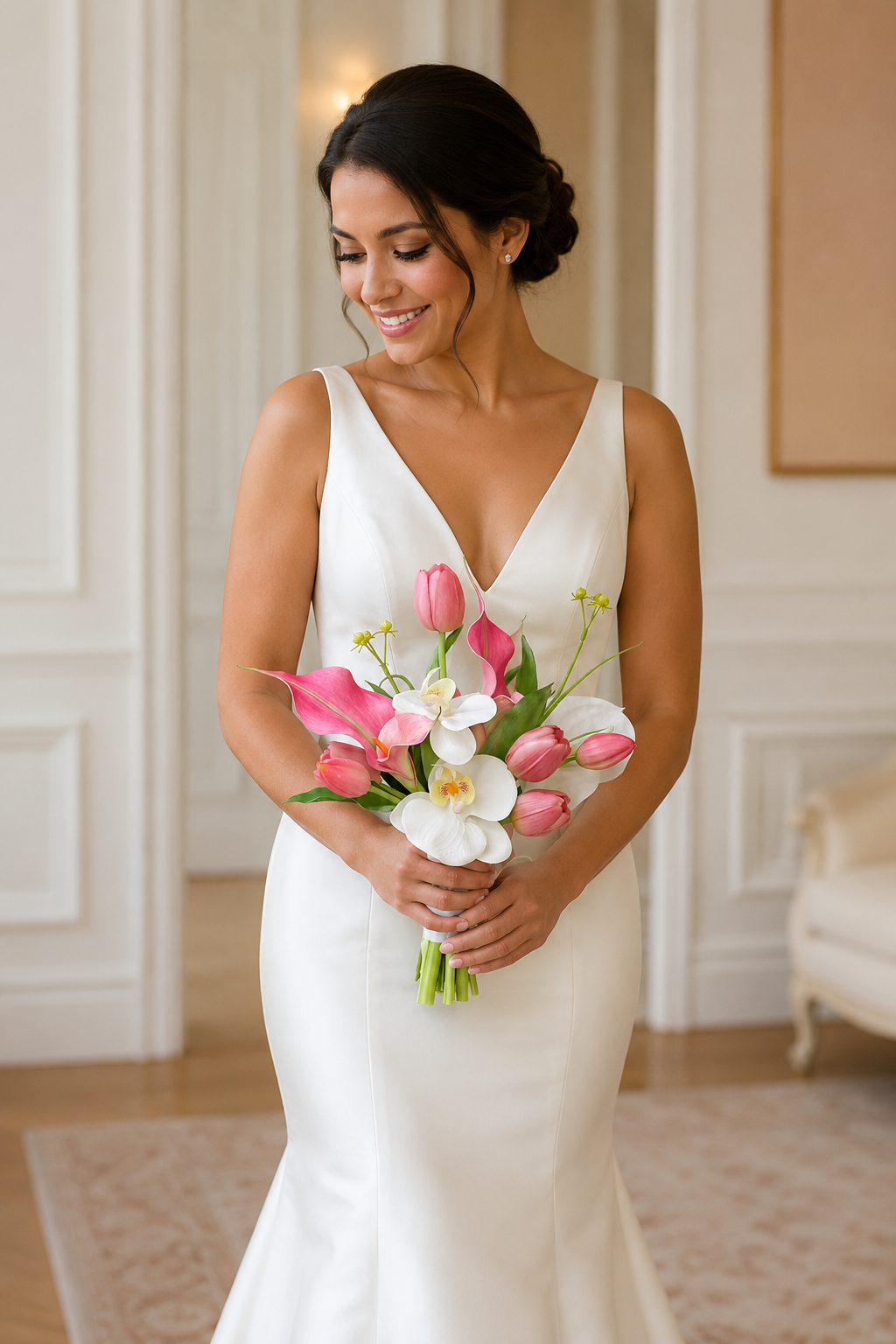 Real-Touch Artificial Tulip & Calla Lily Bridal Bouquet | Modern Hand-Tied Wedding Bouquet in Pure White & Pink