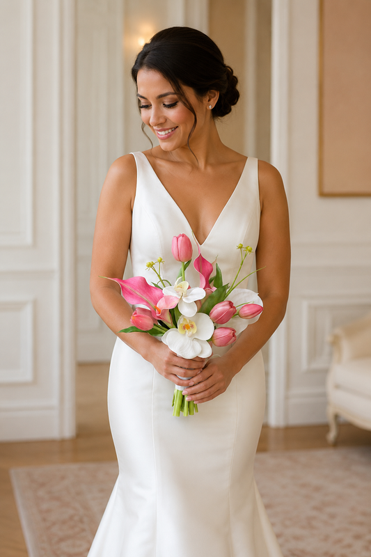 Real-Touch Artificial Tulip & Calla Lily Bridal Bouquet | Modern Hand-Tied Wedding Bouquet in Pure White & Pink