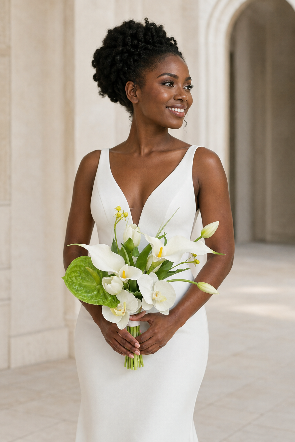 Real-Touch Artificial Tulip & Calla Lily Bridal Bouquet | Modern Hand-Tied Wedding Bouquet in Pure White & Pink