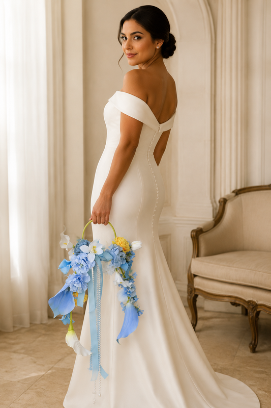 Luxury Pure White Pearl Hoop Bridal Bouquet | Blue Round Bridal Bouquet