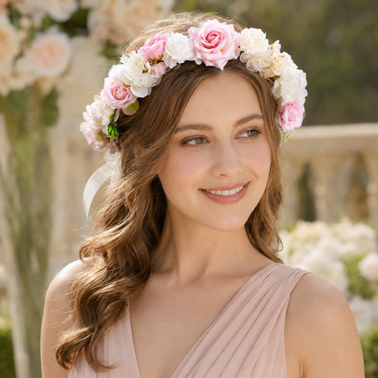 Handcrafted Floral Crown Flower Headband with Organza Ribbon