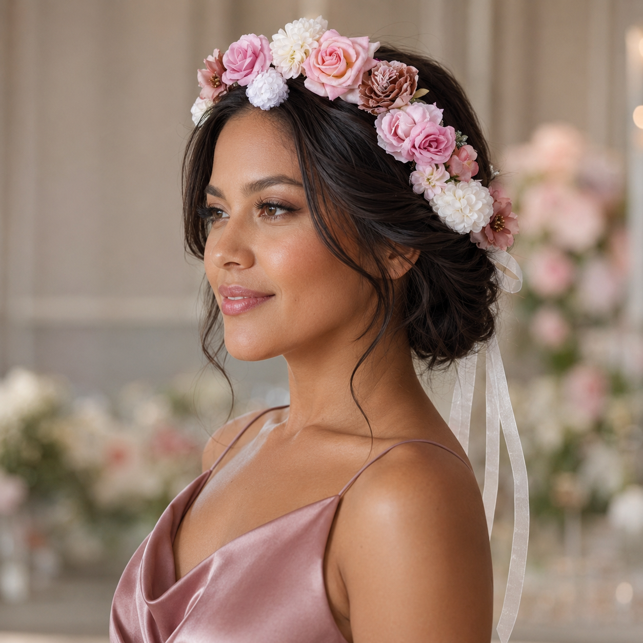 Handcrafted Floral Crown Flower Headband with Organza Ribbon