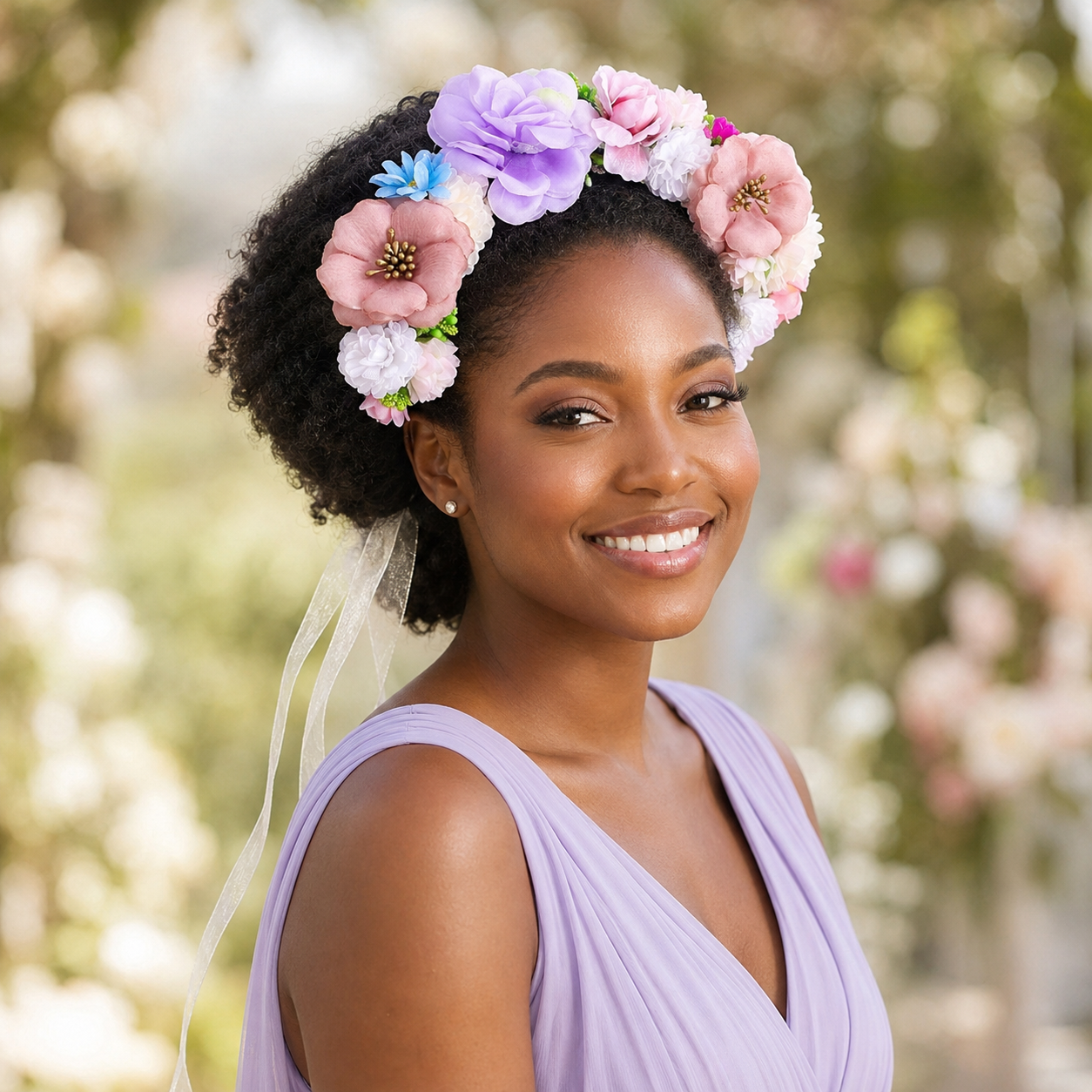 Handcrafted Floral Crown Flower Headband with Organza Ribbon
