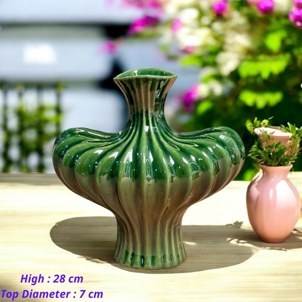 Handcrafted Bat Trang Celadon Ceramic Vase | Emerald Green Color Lantern & Heart Lantern Shape Flower Pot