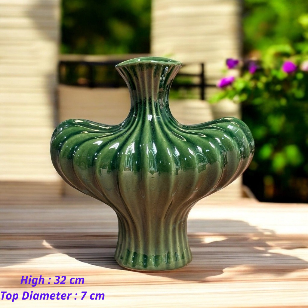 Handcrafted Bat Trang Celadon Ceramic Vase | Emerald Green Color Lantern & Heart Lantern Shape Flower Pot