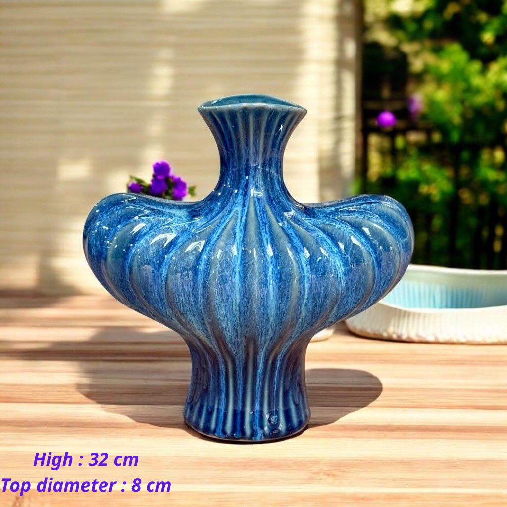 Handcrafted Bat Trang Celadon Ceramic Vase | Azure Sky Blue Color Lantern & Heart Lantern Shape Flower Pot