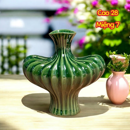 Handcrafted Bat Trang Celadon Ceramic Vase | Emerald Green Color Lantern & Heart Lantern Shape Flower Pot