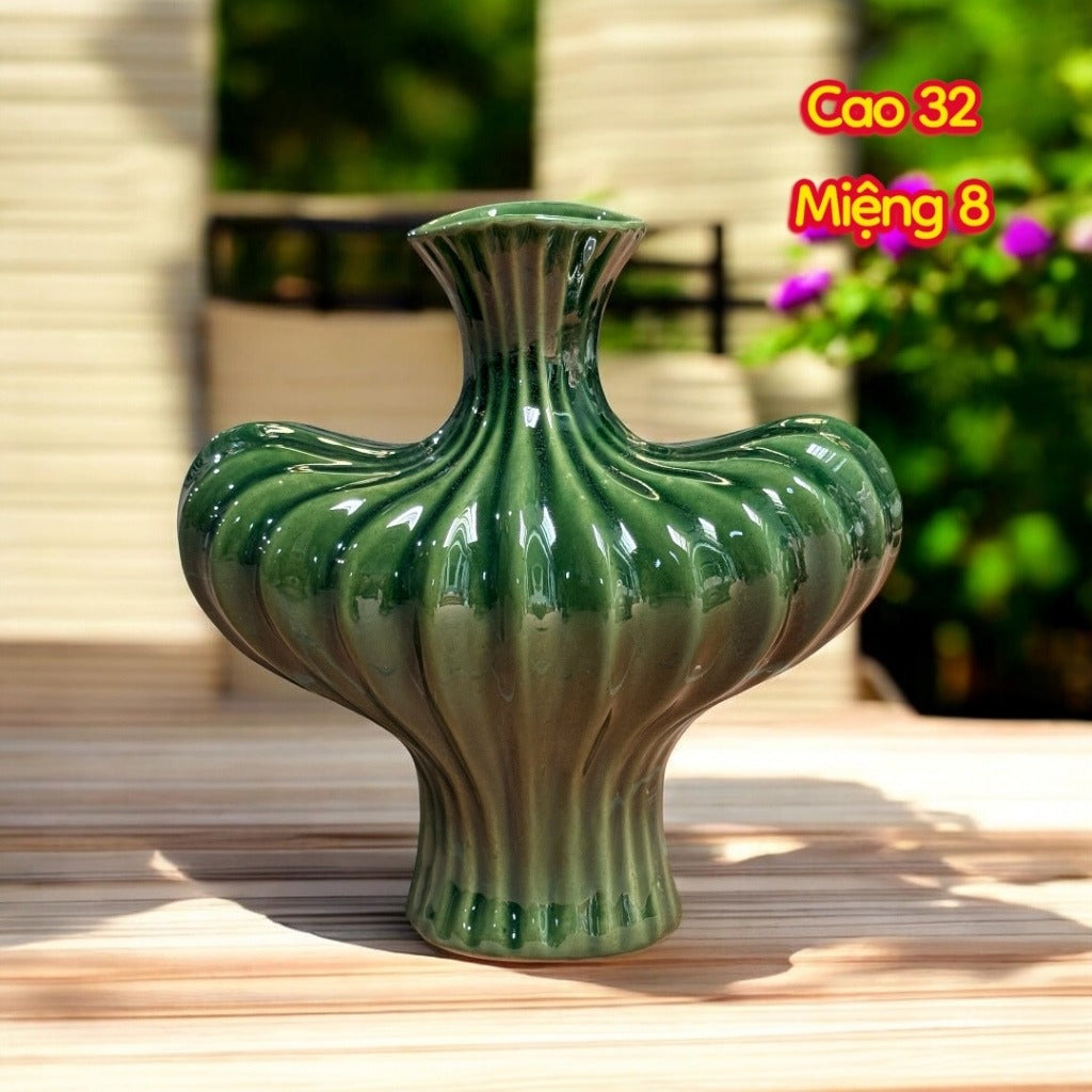 Handcrafted Bat Trang Celadon Ceramic Vase | Emerald Green Color Lantern & Heart Lantern Shape Flower Pot