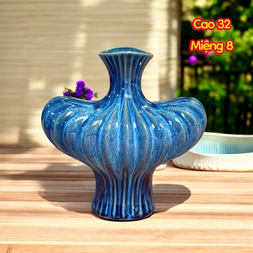 Handcrafted Bat Trang Celadon Ceramic Vase | Azure Sky Blue Color Lantern & Heart Lantern Shape Flower Pot