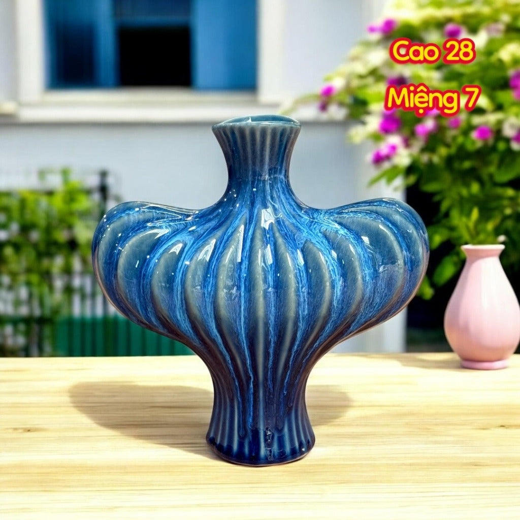 Handcrafted Bat Trang Celadon Ceramic Vase | Azure Sky Blue Color Lantern & Heart Lantern Shape Flower Pot