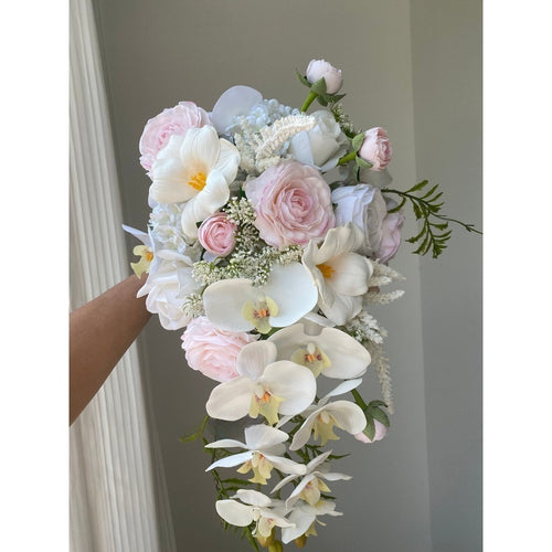 Luxury White & Blush Pink Cascading Bridal Bouquet | Premium Silk Rose & Orchid Waterfall Wedding Flower for Brides