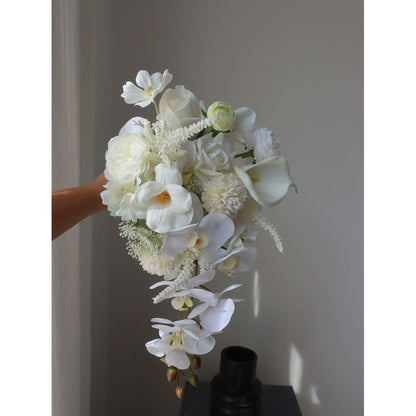 Luxurious Cascading Artificial Bridal Bouquet | Premium White Silk Waterfall Wedding Flower for Brides
