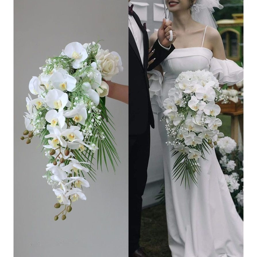 Luxurious Cascading Artificial Bridal Bouquet | Premium White Silk Waterfall Wedding Flower for Brides