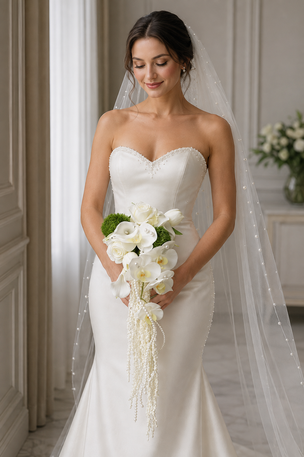 Luxurious Cascading Artificial Bridal Bouquet | Premium White Silk Waterfall Wedding Flower for Brides