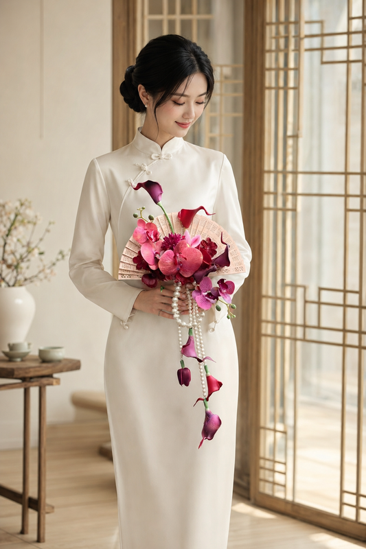 Luxury Oriental Folding Fan Bridal Bouquet | Modern Handmade Silk Orchid & Calla Lily Wedding Fan Flower with Pearl Strands