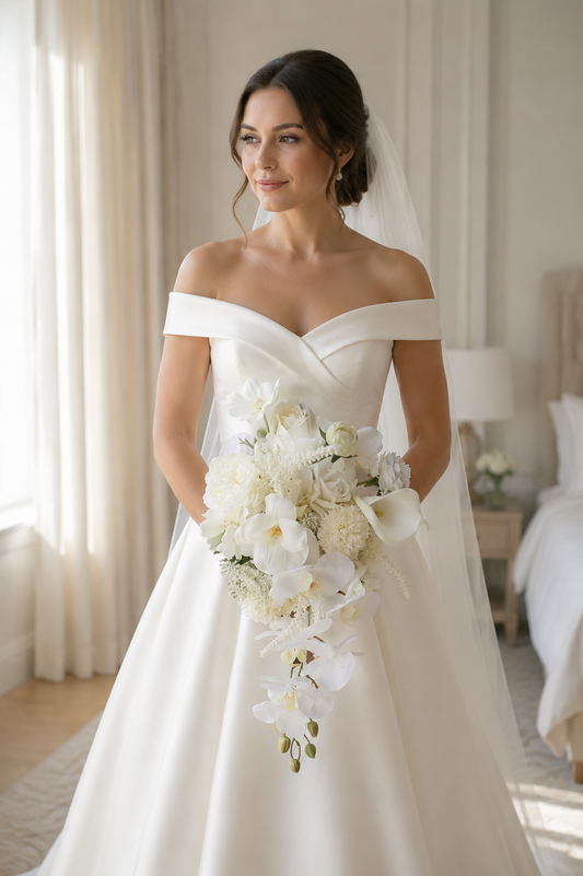 Luxurious Cascading Artificial Bridal Bouquet | Premium White Silk Waterfall Wedding Flower for Brides
