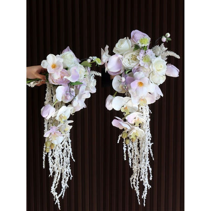 Luxury White & Light Purple Cascading Bridal Bouquet | Premium Silk Rose & Orchid Waterfall Wedding Flower for Brides