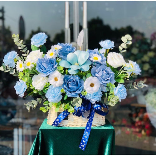 Blue Silk Flower Basket Arrangement