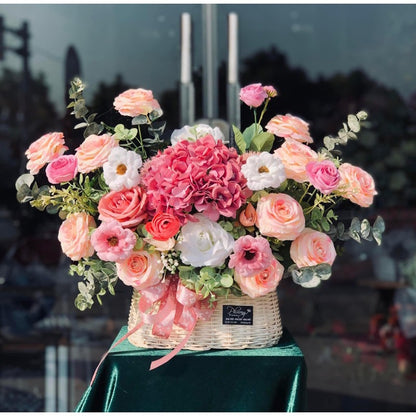 Pink Silk Flower Basket Arrangement