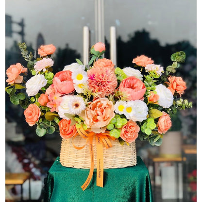 Warm Sunset Orange Silk Flower Basket Arrangement