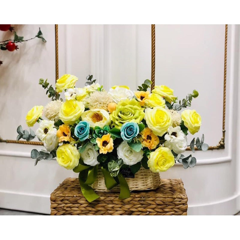 Yellow Silk Flower Basket Arrangement