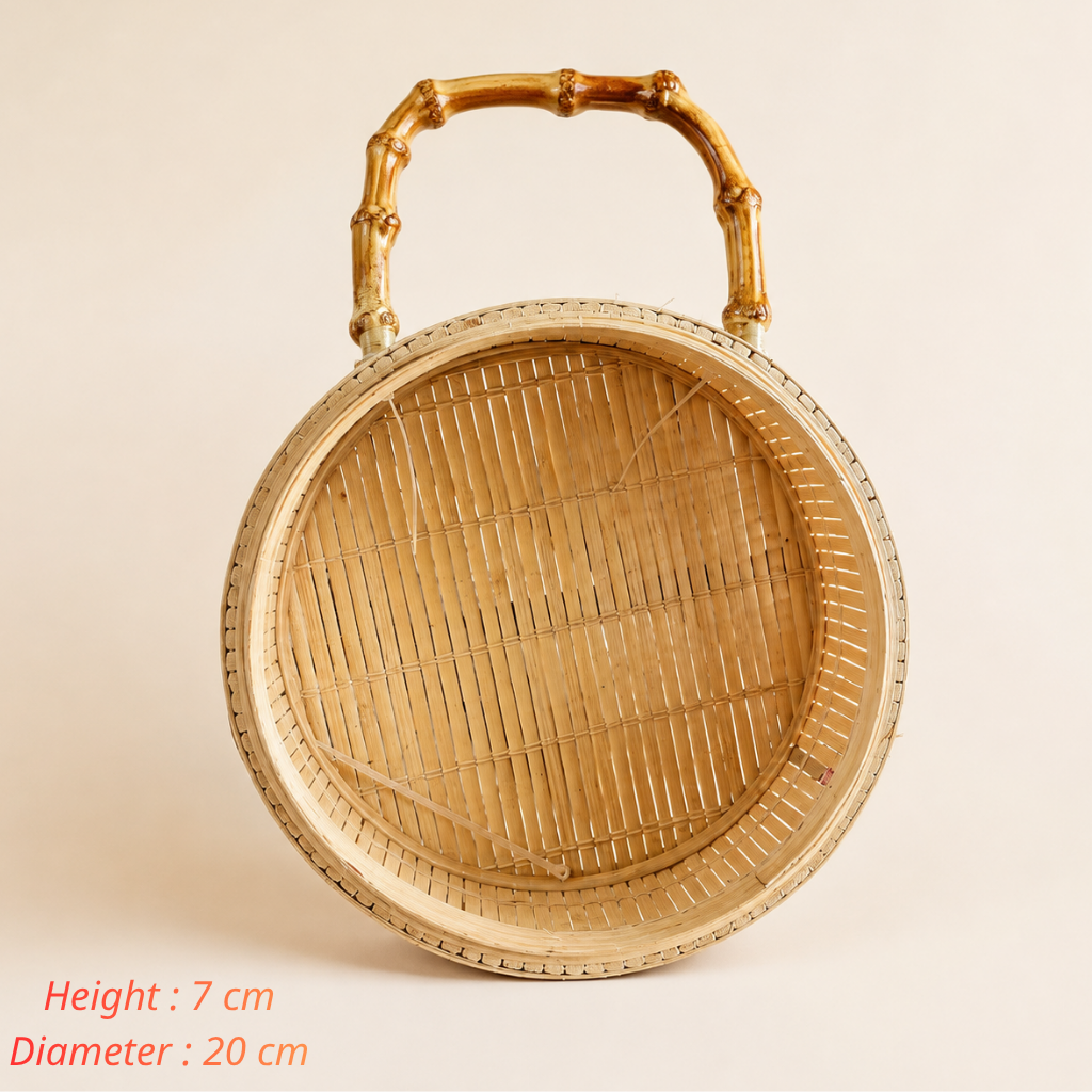 Handcrafted Round Bamboo Handle Flower Basket - Natural Bamboo Wedding & Event Decor Basket