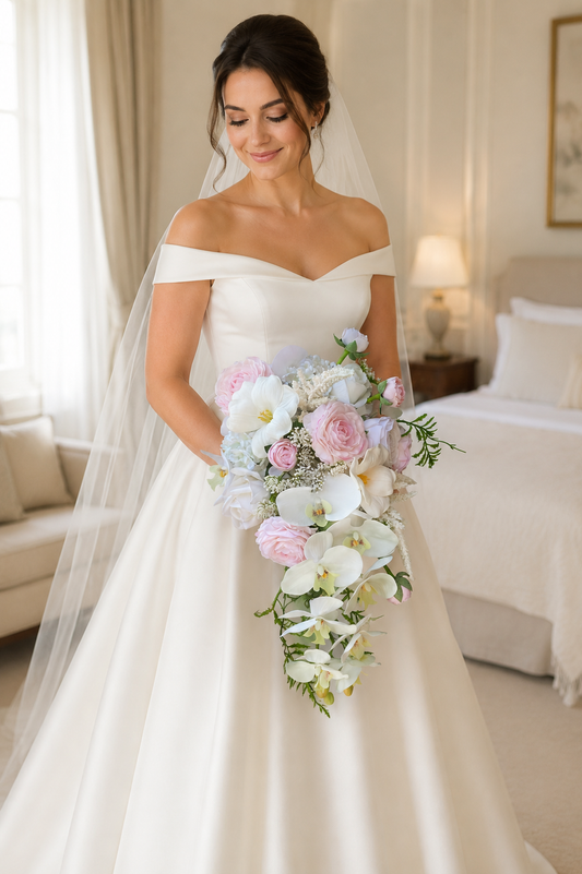 Luxury White & Blush Pink Cascading Bridal Bouquet | Premium Silk Rose & Orchid Waterfall Wedding Flower for Brides