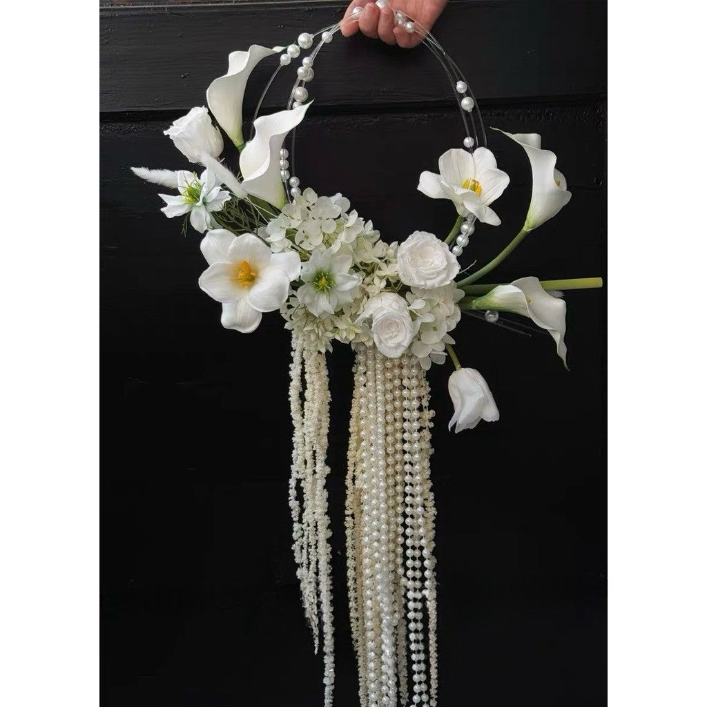 Luxury Pure White Pearl Hoop Bridal Bouquet | White & Ivory Round Bridal Bouquet