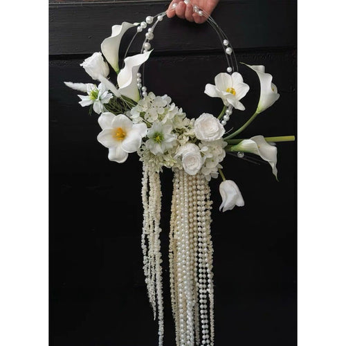Luxury Pure White Pearl Hoop Bridal Bouquet | White & Ivory Round Bridal Bouquet