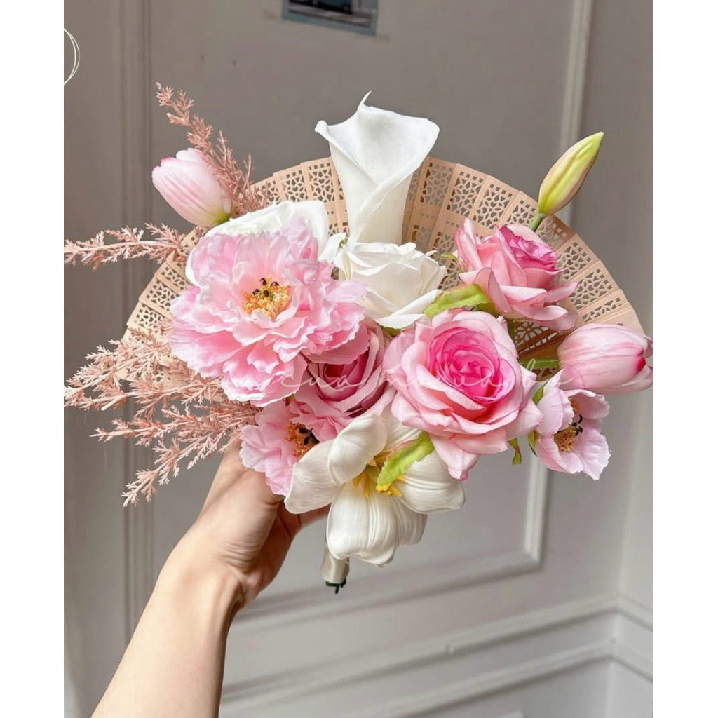 Luxury Oriental Folding Fan Bridal Bouquet | Modern Handmade Silk Orchid & Calla Lily Wedding Fan Flower with Pearl Strands