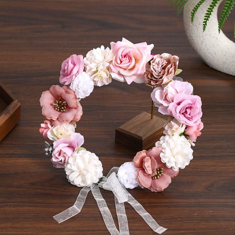 Handcrafted Floral Crown Flower Headband with Organza Ribbon